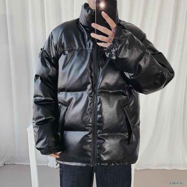 

men's down & parkas faux leather puffer jackets for men winter clothing korean fashion trend biker padded jacket plus size coat waterpr, Black