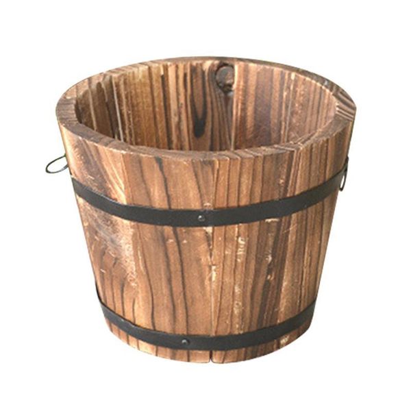 

planters & pots wooden round barrel planter flower home office garden wedding decor (flat mouth/medium/brown/15x12x13cm)
