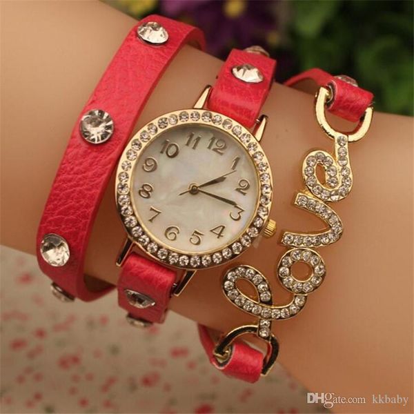 

wristwatches genuine cow leather punk fashion vintage women watch crystal love pendant ladies dress watches wrap pu bracelets, Slivery;brown