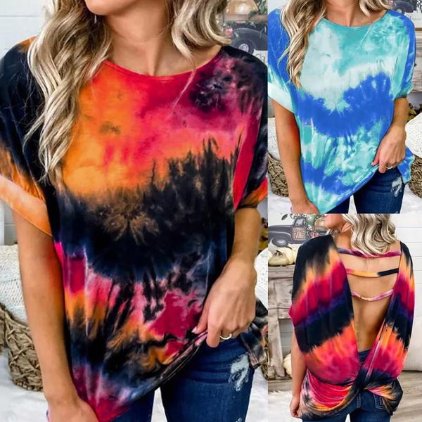 

women's t-shirt tie-dye loose casual backless short sleeve, White