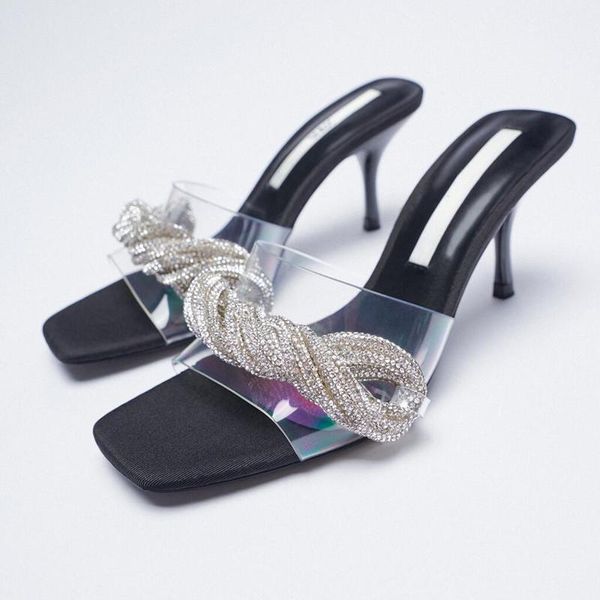 

slippers women's 2021 transparent word with rhinestones open toe square stiletto sandals outer, Black