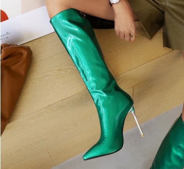 Зеленый желтый патентный кожа заостренный носок колено высокие сапоги женщины белые голубые шпильки каблуки на молнию назад длинные моды сапоги