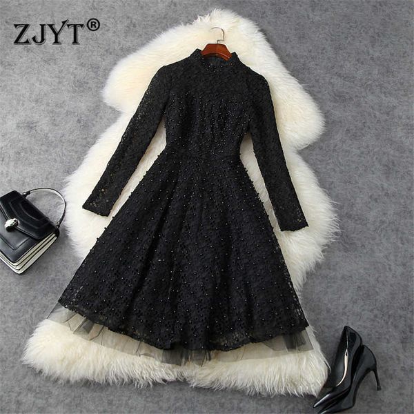 

women spring runway fashion luxury beading hollow crochet embroidery lace dress party festa empire aline princess vestidos 210601, Black;gray