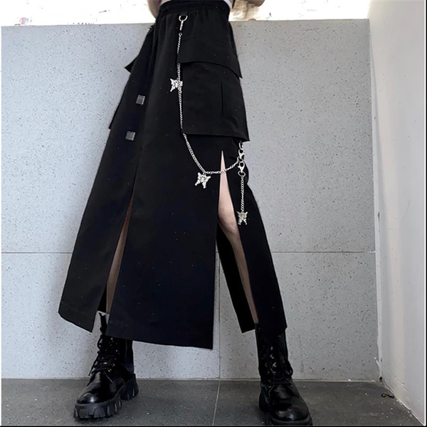 

spring autumn fashion korean women skirts style black long with chain side slit hip hop streetwear plus size