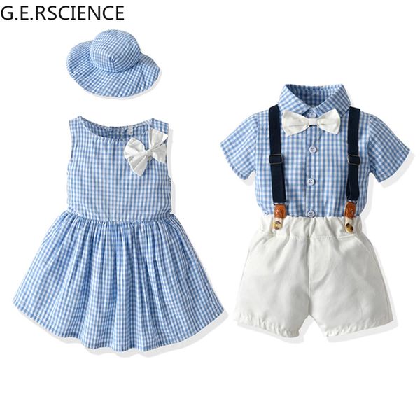

summer 2022 new baby girl dress to send hat boy plaid shirt pants suit parent-child seaside vacation, White
