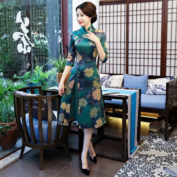 

ethnic clothing big size xxxl vintage print flower women qipao elegant slim chinese style aodai dress vestidos novelty silky satin cheongsam, Red