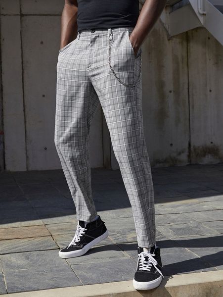 

men plaid slant pocket pants with chain 06r7#, Black