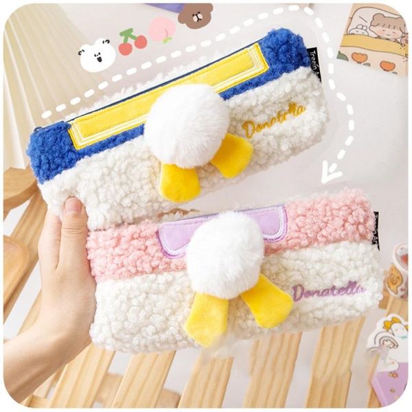

cute soft plush fluffy pencil case student zipper pen pouch stationery organizer bag refills, Black;red