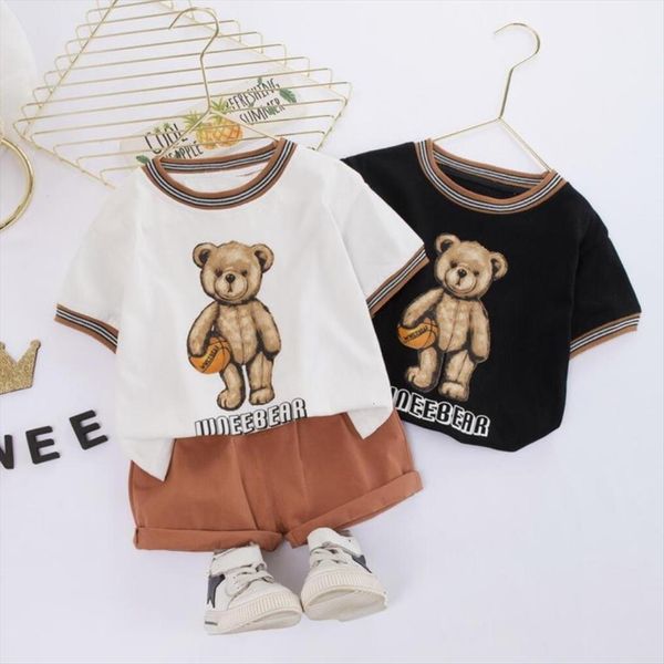 

1 4 years toddler baby boys summer clothes kids clothing basketball bear print t shirt shorts 2pcs boy set casual, White