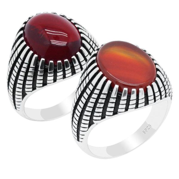 

cluster rings natural stone ring 925 silver for men agate/red corundum vintage punk turkish party handmade fine jewelry, Golden;silver