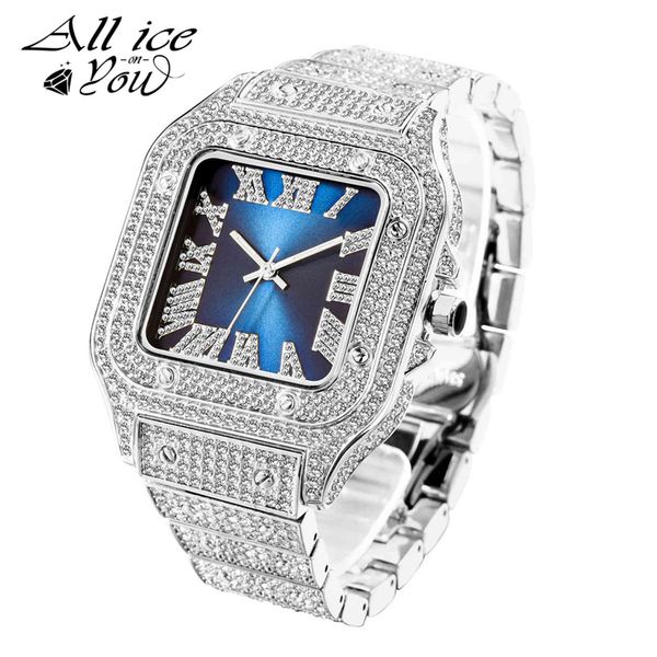 

alliceonyou square fashion iced out micro pave cubic zirconia watches hip hop stainless steel jewelry for gift bracelet, Slivery;brown