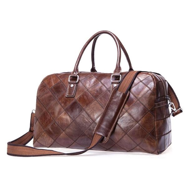 

duffel bags factory genuine leather fashion retro men travel diamond lattice large-capacity storage stitching duffles