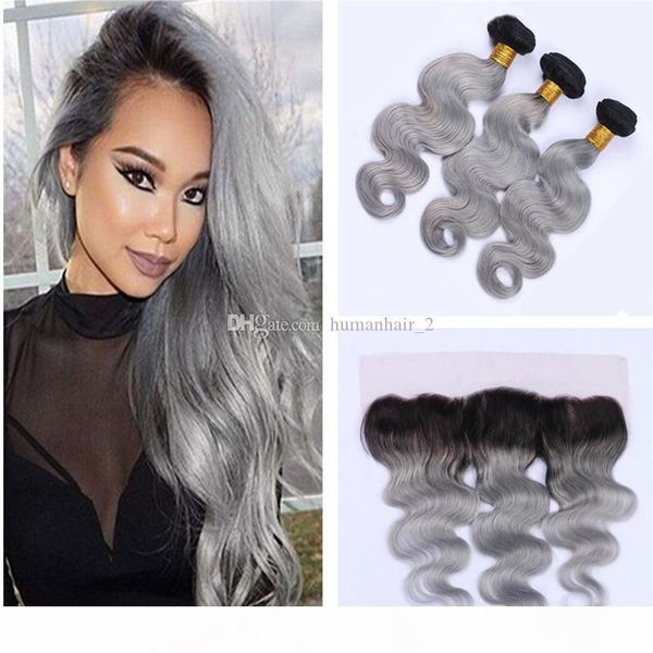 

9a two tone colored 1b grey lace frontal with bundles sliver grey 3 bundles with lace frontal closure 4pcs lot peruvian virgin hair, Black;brown
