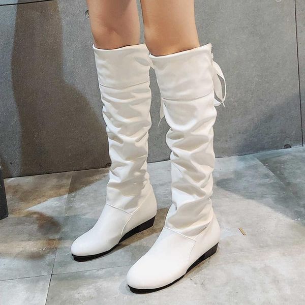 

boots size women's autumn and large winter pure color pu round head high tube leather heel, Black