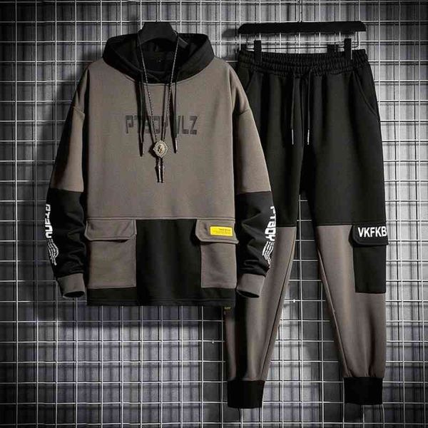 

mens clothing 2 piece set winter autumn tracksuit jogging suit male running clothes patchwork hoodie and jogger, Gray