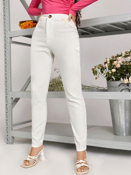 

high waisted solid slant pocket pants 29cz#, Black;white
