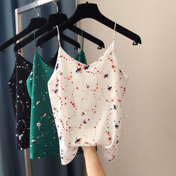 

summer spaghetti strap floral womens tank satin loose big size v neck sleepwear camis halter vest female undershirt, White