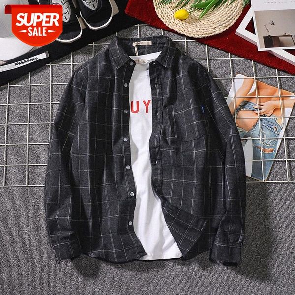

plaid shirt men's lapel long-sleeved japanese handsome #868h, White;black