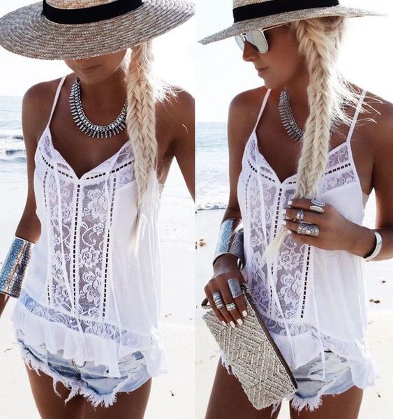 

women's blouses & shirts arrivals fashion women loose lace vest tank blouse sleeveless casual summer, White