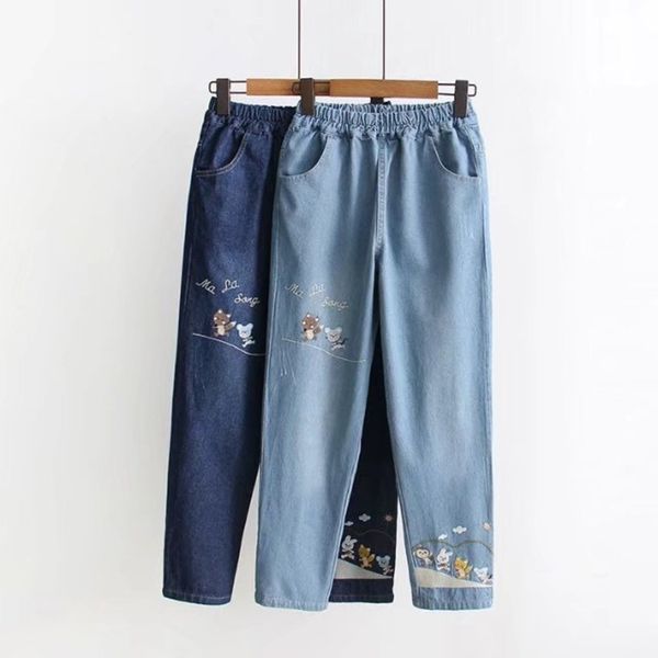 

spring simple washed denim cartoon embroidery casual pants, Blue