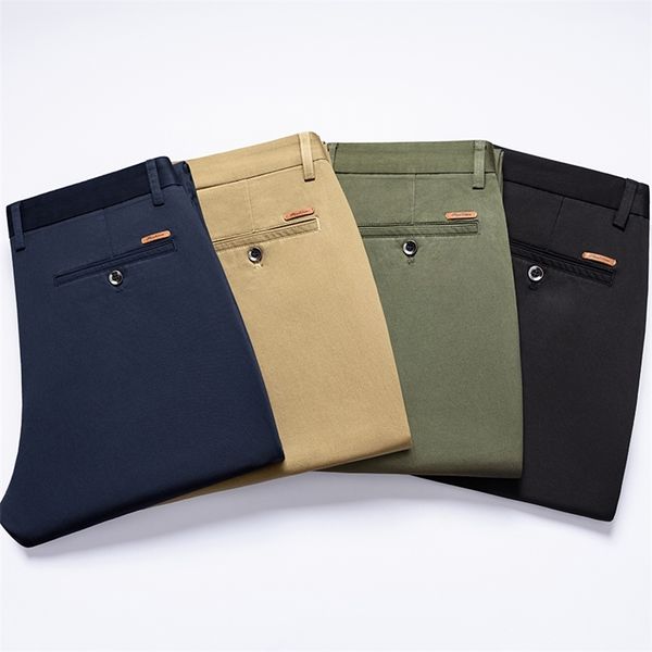 Algodão masculino de primavera Calças casuais em linha de negócios moda sólida cor elasticidade khaki calças macho marca verde 210715