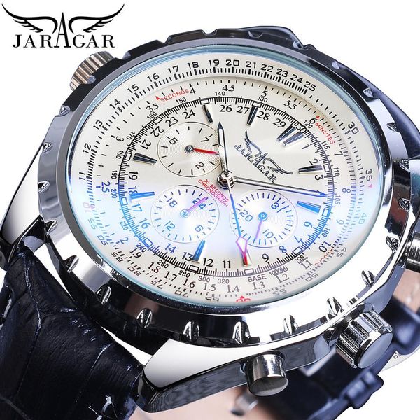 

jaragar series three tiles display luxury luminour hands leather man mechanical automatic pole wars brand, Slivery;brown
