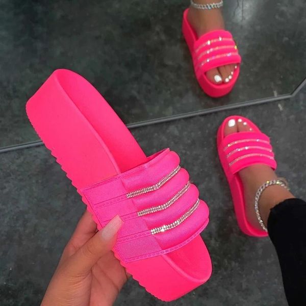 

dropship new summer women slippes waterproof platform thick bottom slides candy color beach sandals outdoor crystal bling shoes, Black