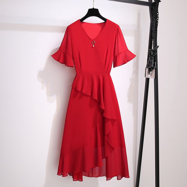 

more female size will see chiffon party short sleeve high waist ruff a black line red dress 2021 clothes hicx, White