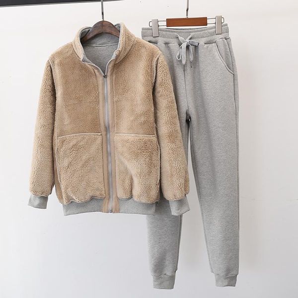 

women's two piece pants 4xl loose plus velvet sports suit women winter cashmere sweatshirt 2 sets 2021 warm jackets and sweatpa, White