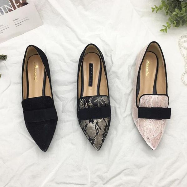 

Europe and America New Lace Flats Bowtie Pointed toe Loafers Comfortable Women Autumn Single Shoes Genuine Sheepskin Black, Black lace