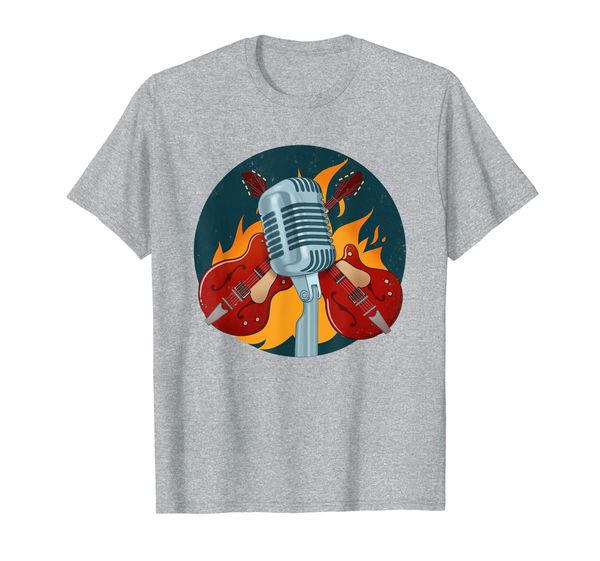 

microphone guitar flames | music band concert t-shirt, White;black