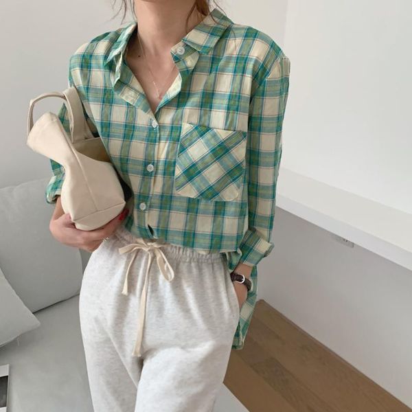

women's blouses & shirts hzirip green plaid elegance girls loose 2021 geometric casual vintage gentle basic streetwear basewear retro, White