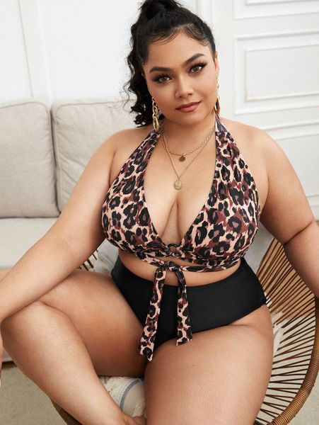 

plus leopard cut-out halter bikini swimsuit p8ea#, Black
