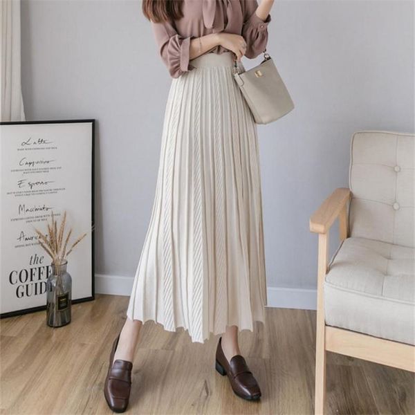 

autumn & winter elastic high waist thin a-line wool simple versatile women large swing knitted long skirt 210527, Black