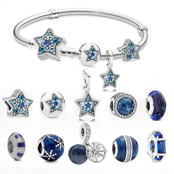 Adatto a braccialetti Pandora 20pcs blu cielo stellato stelle e fiocchi di neve ciondoli smaltati perline ciondolano per braccialetto di gioielli collana sterlina europea fai da te all'ingrosso