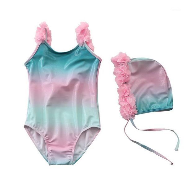 

one-pieces swimsuit girl toddler baby girls color one-piece floral swimwear with cap 2pcs costume summer cute bikini, Black