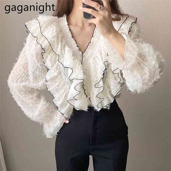 

korean elegant v neck women blouse flare sleeve fashion ruffles office lady shirts spring loose blouses chic 210601, White