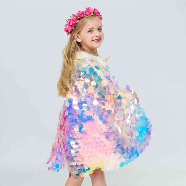 

sequins princess girls cape cloak for beach party costume children rainbow shawl cosplay christmas kids girl wrap, Blue;gray