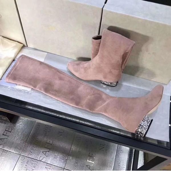 

luxo colorido strass mulher sobre o joelho botas natureza camurÃ§a couro dedo do pÃ© redondo sapatos casuais femininos botas longa, Black