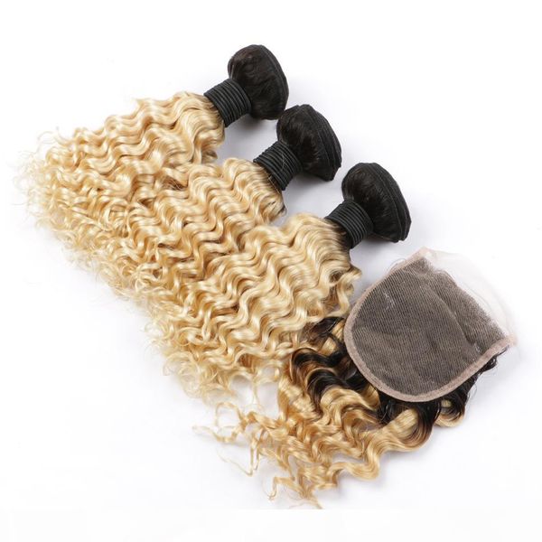 

peruvian ombre human hair with deep curly 4x4 lace closure 4pcs lot 1b 613 blonde ombre peruvian virgin human hair 3bundles with closure, Black