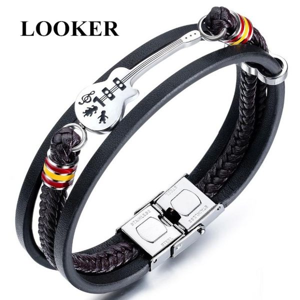 

tennis looker 2021 unique guitar pu leather man wrap bracelets fashion punk stainless steel watch shape male charm rope cuff bangles, Golden;silver