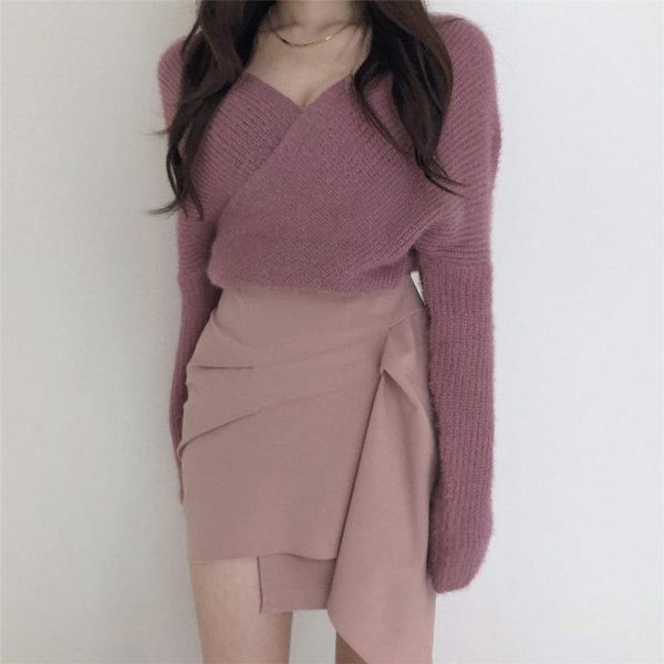 

korean chic cross v-neck sweaters pink solid soft warm loose elegant sweet knitted autumn women gentle pullovers woman, White;black