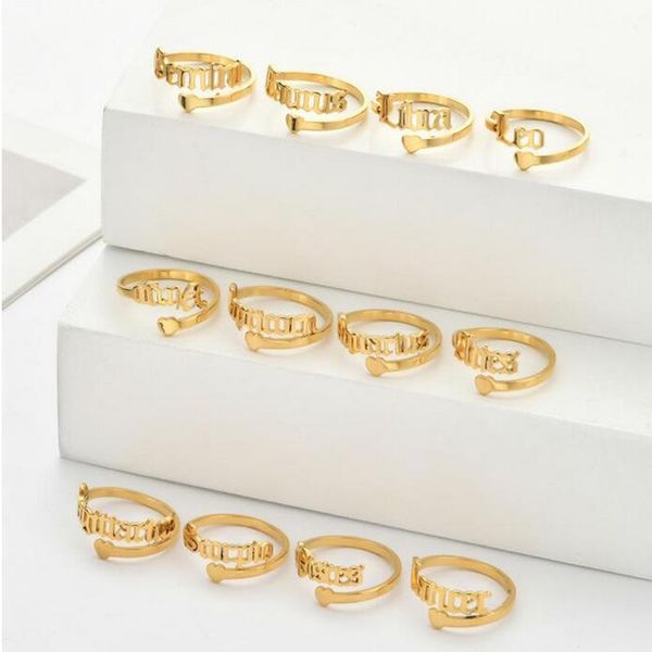 

adjustable heart stainless steel rings 12 constellations letter ring for woman opening wedding zodiac finger jewelry birthday gift, Silver