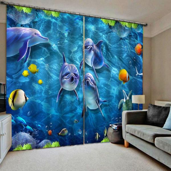 

curtain & drapes blue curtains ocean underwater dolphin 3d luxury blackout window living room decoration