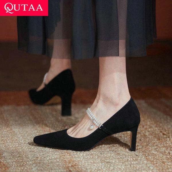 

dress shoes qutaa 2021 cow leather women pointed toe vintage style female pumps string bead buckle square high heels size 34-43, Black
