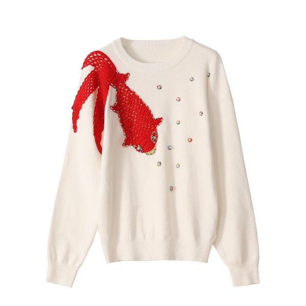 

women's sweaters 2021 spring fall women jumpers red fish crochet colors jacquard beaded pullover sweater knitwear basic&casual, White;black