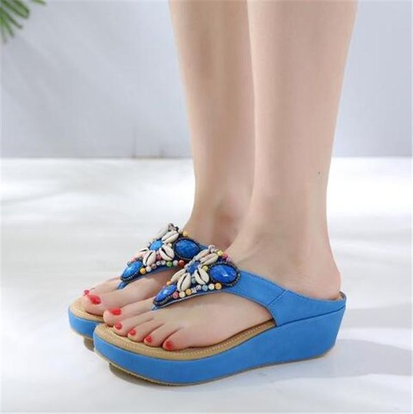 

slippers pxelena design crystal beach flip flops women bohemia wedge high heels platform slides 2021 summer large size 35-42, Black