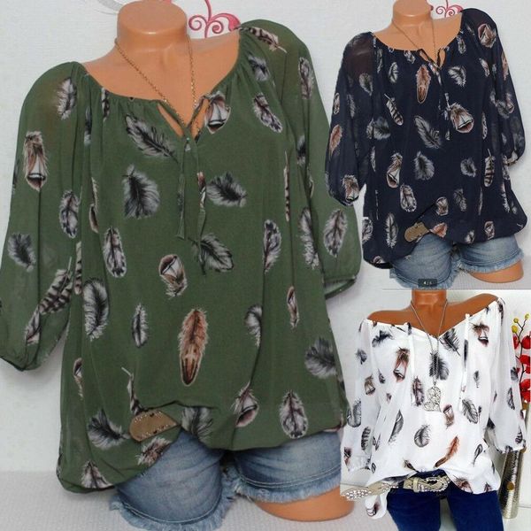 

women tunic shirt 2021 summer 3 4 sleeve floral print v neck blouses and with button big size women clothing, White
