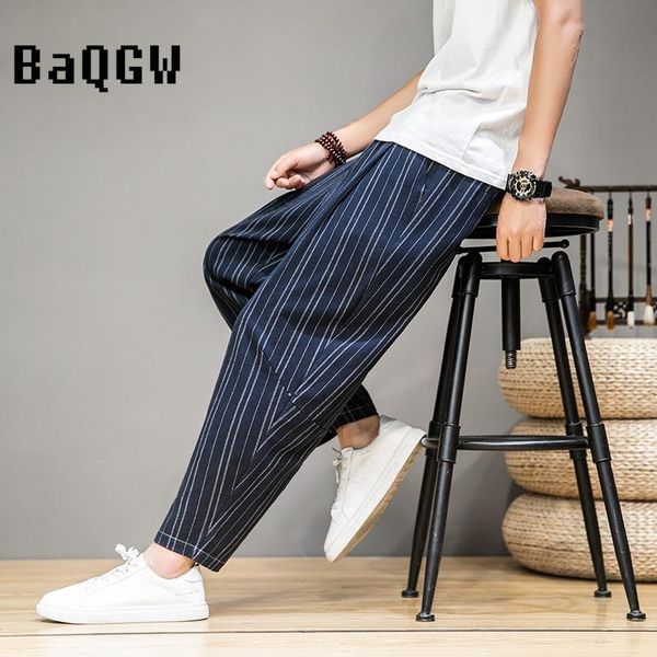 

men's pants cotton linen summer chinese style stripe print loose casual baggy trousers high waist straight harem, Black