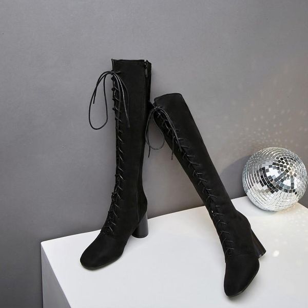 

boots oversized 11-17 thigh high knee over the women ladies cross strap side zipper, Black